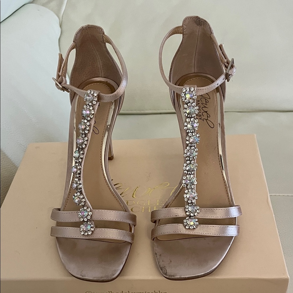 Jewel Badgley Mischka Rose Gold T-Strap Crystal Heels